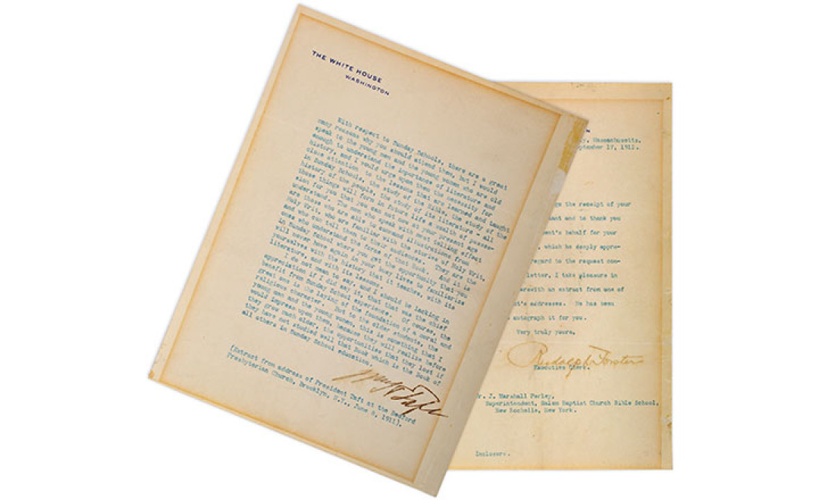 Typed letter signed by President William Taft and accompanying letter by Executive Clerk Rudolph Forster